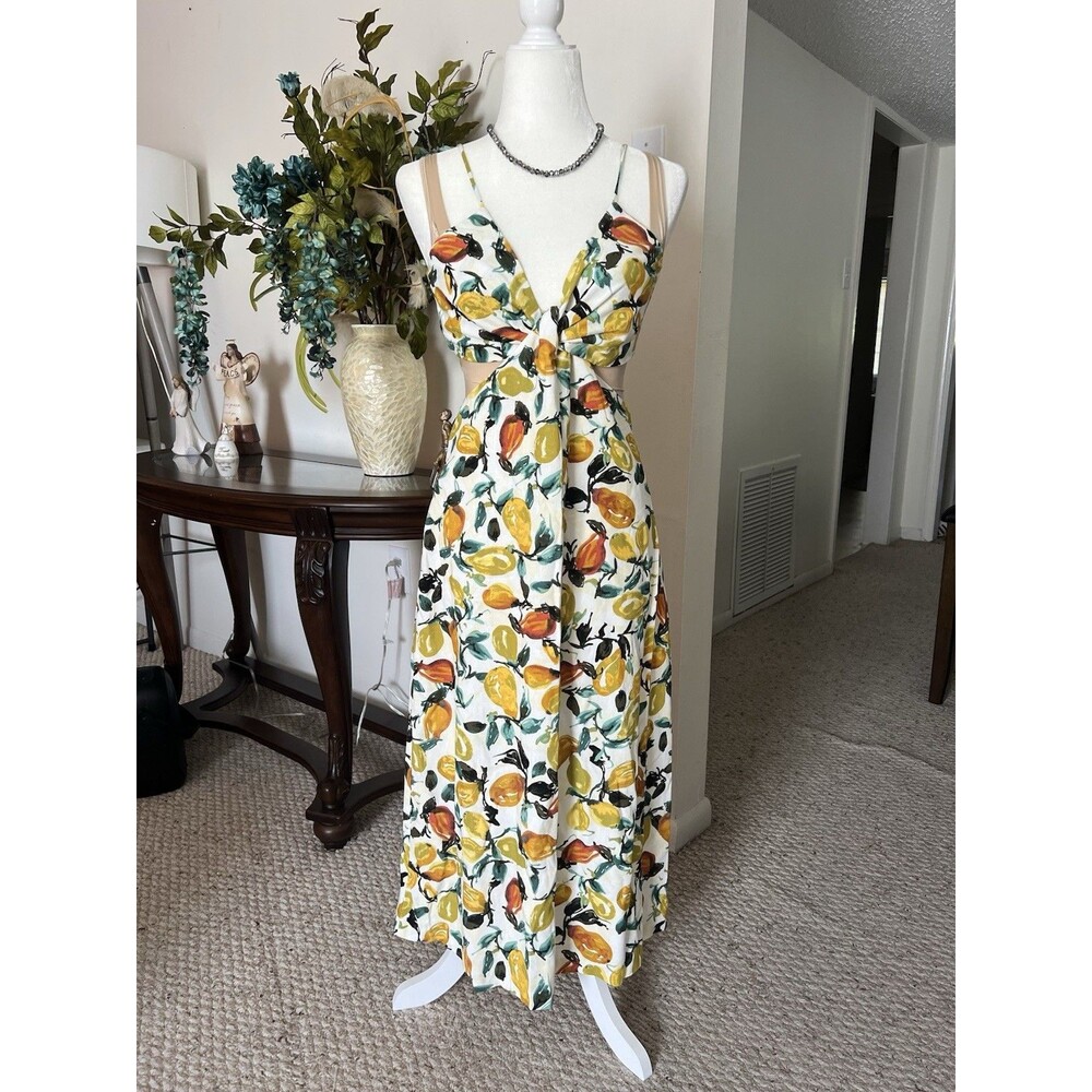 WILLOW Lemon Print Linen Blend Cutout Maxi Dress Size S NWT KnotFront Summer